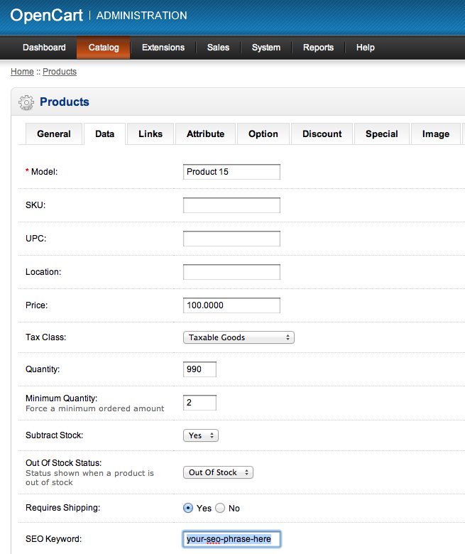 Screen Shot 2012-01-19 at 4.03.40 PM in data tab add seo key words for URLs in opencart products